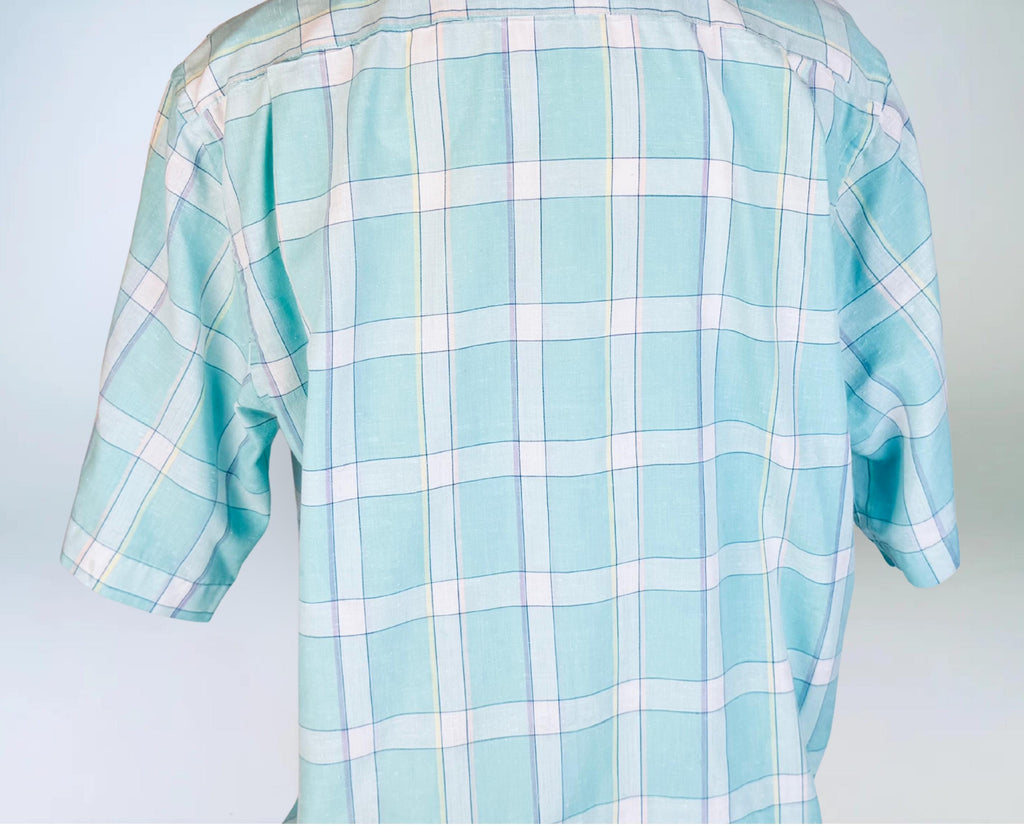 Vintage 1980s Aqua Plaid Mervyns Mens Collection Short Sleeve Button Down Shirt  Polyester Cotton Retro Casual Wear  Made In Korea