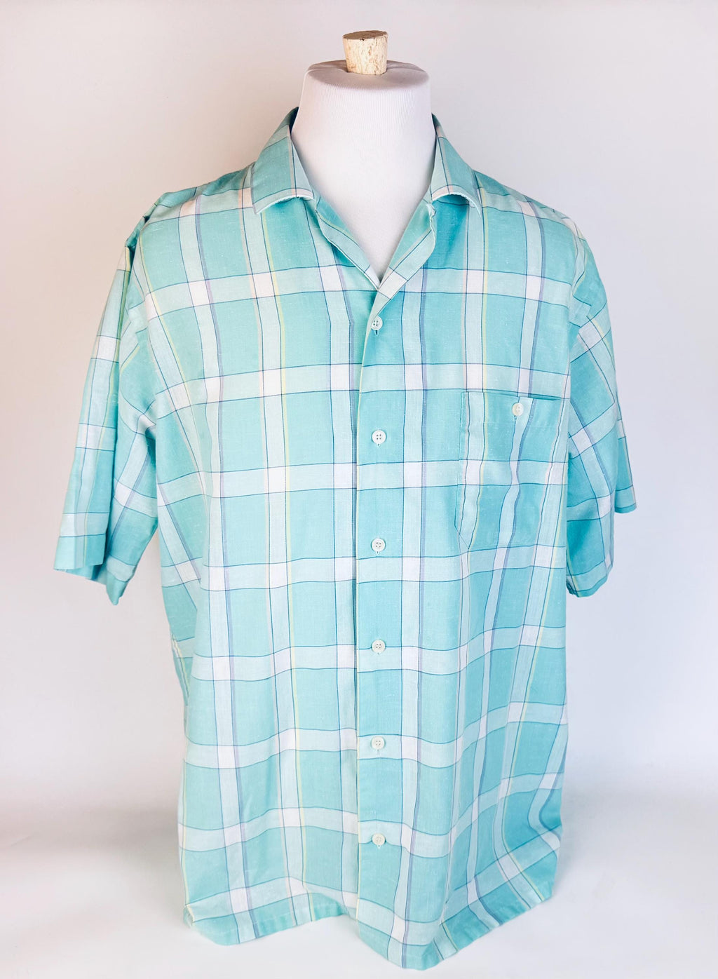Vintage 1980s Aqua Plaid Mervyns Mens Collection Short Sleeve Button Down Shirt  Polyester Cotton Retro Casual Wear  Made In Korea