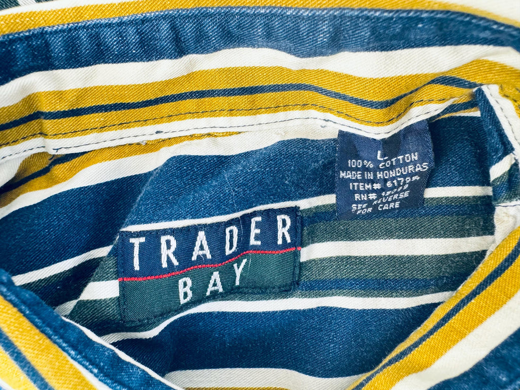 Vintage 1990s Trader Bay Striped Cotton Button Down Shirt  Navy Yellow Green White Long Sleeve Retro Casual
