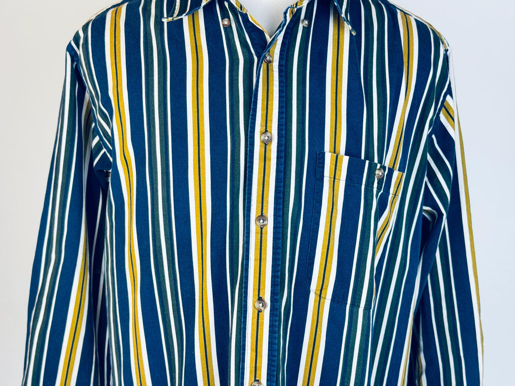 Vintage 1990s Trader Bay Striped Cotton Button Down Shirt  Navy Yellow Green White Long Sleeve Retro Casual