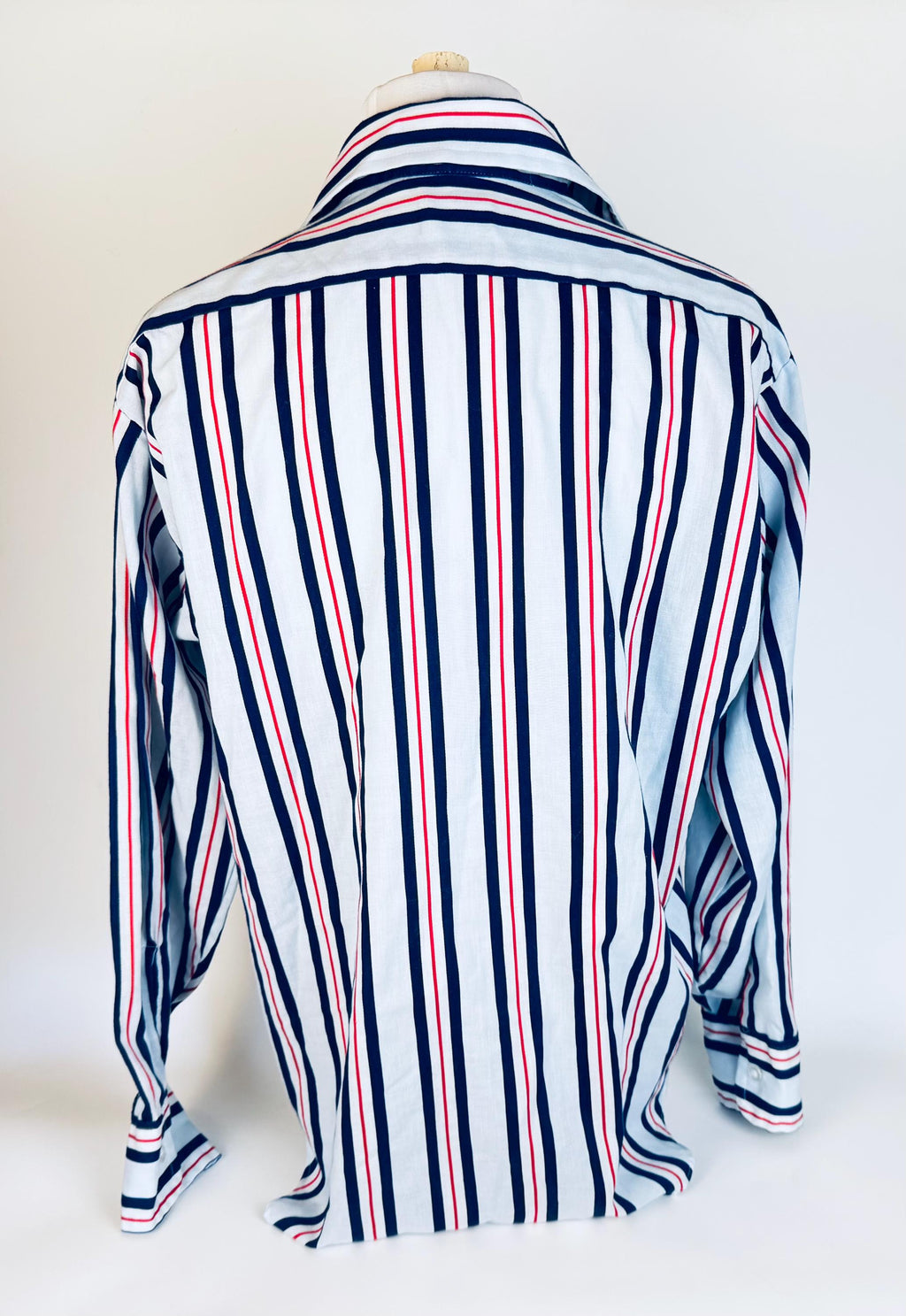 Vintage 1970s Towncraft JCPenney Striped Shirt Size L 1616.5  Red White Blue Polyester Cotton Long Sleeve Retro