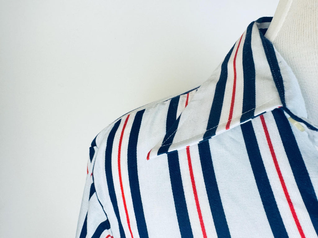Vintage 1970s Towncraft JCPenney Striped Shirt Size L 1616.5  Red White Blue Polyester Cotton Long Sleeve Retro