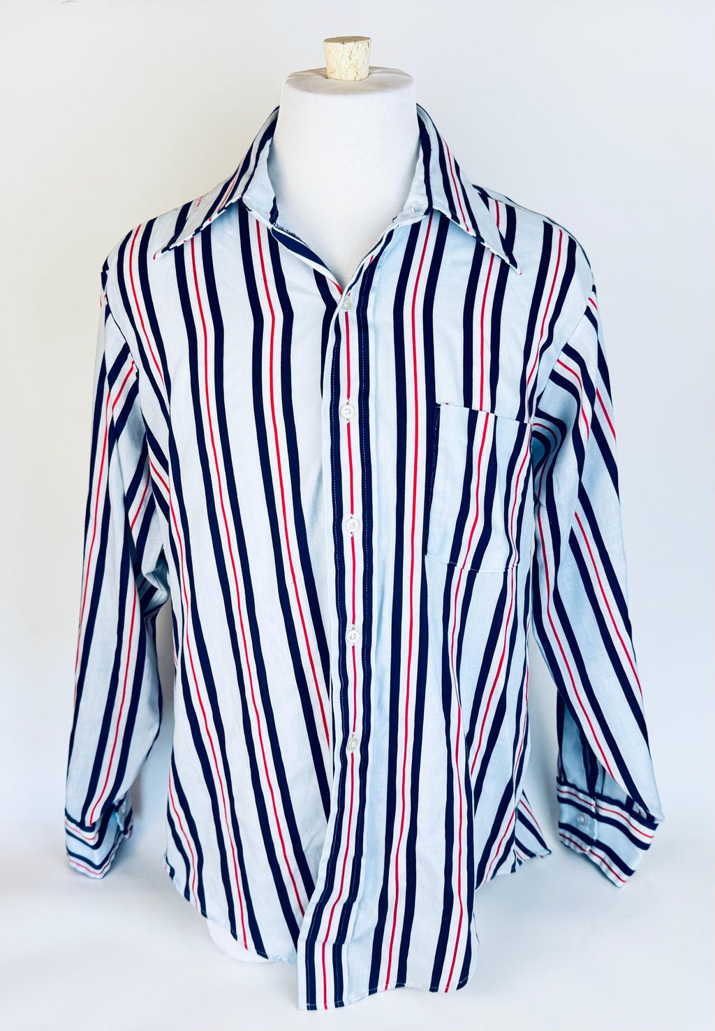 Vintage 1970s Towncraft JCPenney Striped Shirt Size L 1616.5  Red White Blue Polyester Cotton Long Sleeve Retro