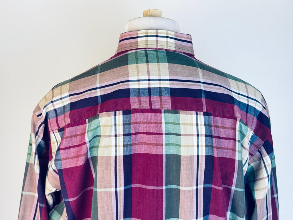 Vintage 1990s Functionals Plaid Shirt Size L 16-16.5  Burgundy Green Navy Cotton Blend Long Sleeve Retro