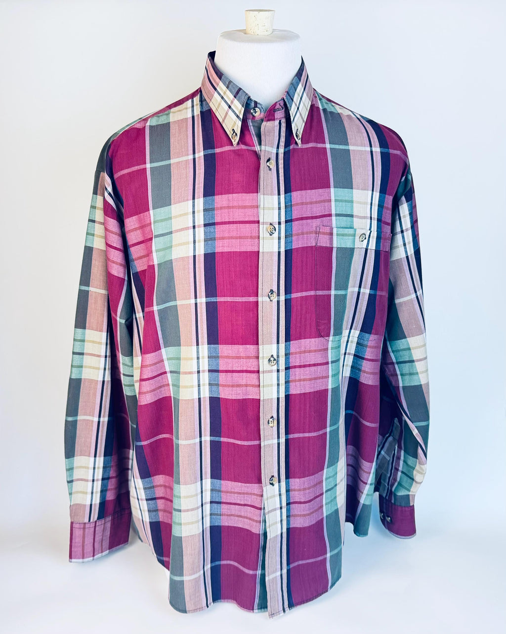 Vintage 1990s Functionals Plaid Shirt Size L 16-16.5  Burgundy Green Navy Cotton Blend Long Sleeve Retro