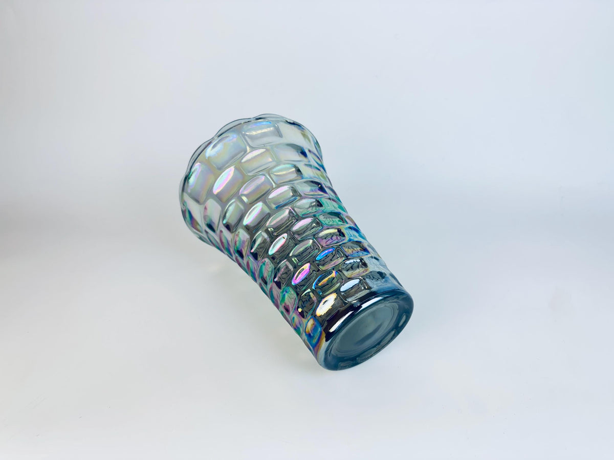 Vintage Iridescent “Yorktown Vase by Federal Glass  Smoke/Rainbow Luster, 1950s60s Pressed Glass, Scalloped Rim Flower Vase