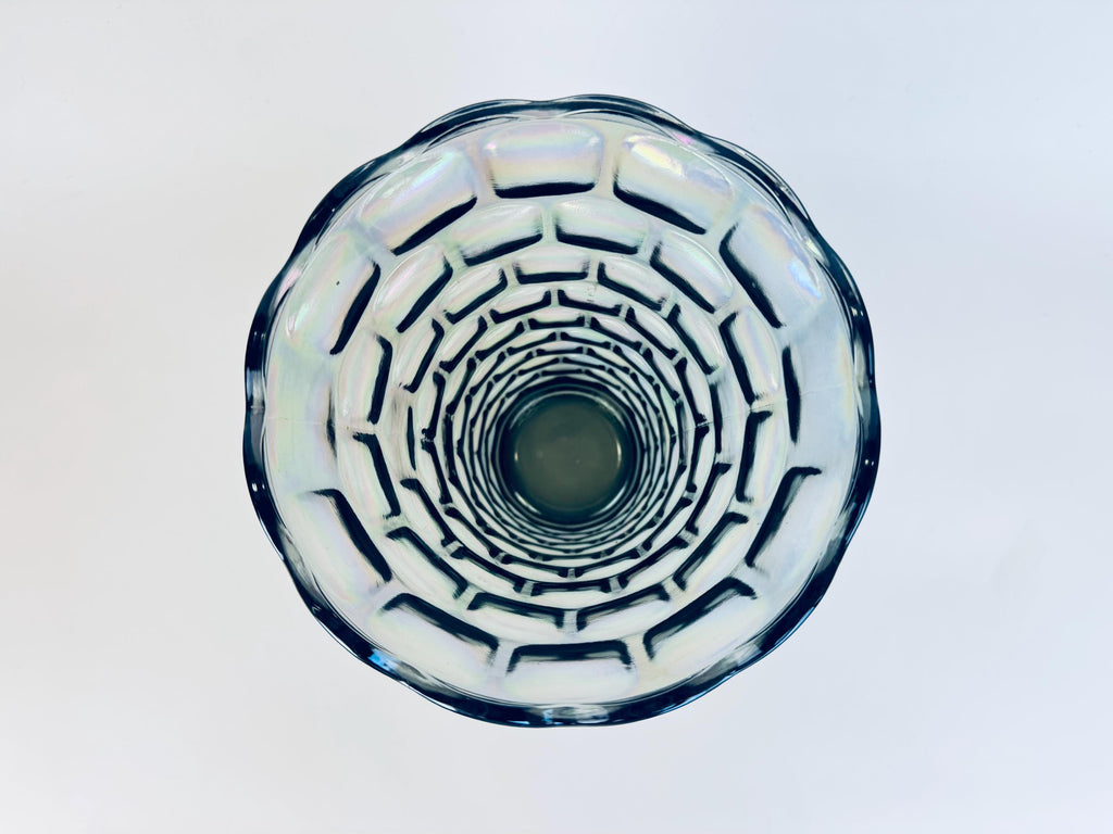 Vintage Iridescent “Yorktown Vase by Federal Glass  Smoke/Rainbow Luster, 1950s60s Pressed Glass, Scalloped Rim Flower Vase