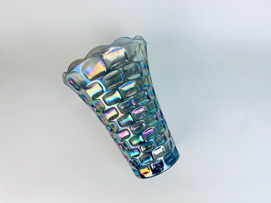 Vintage Iridescent “Yorktown Vase by Federal Glass  Smoke/Rainbow Luster, 1950s60s Pressed Glass, Scalloped Rim Flower Vase