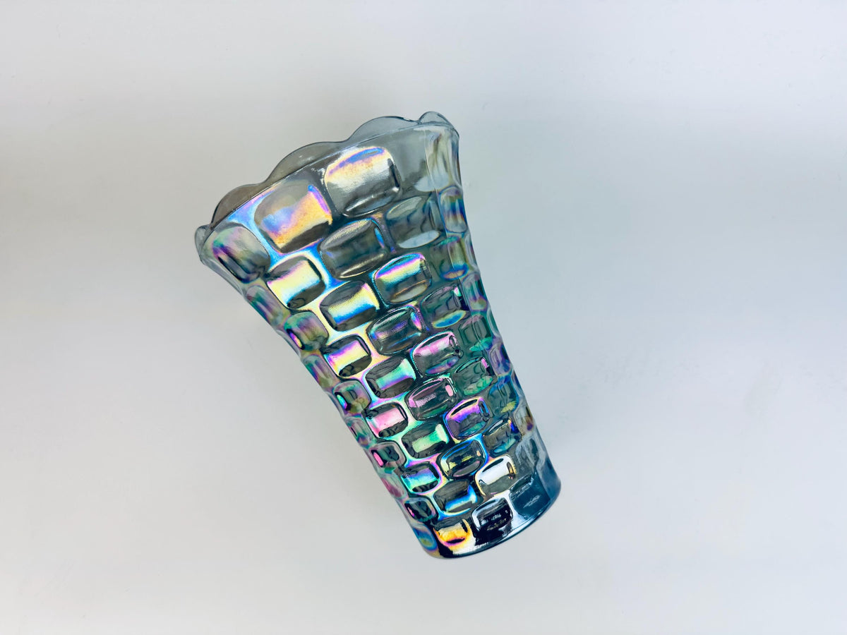 Vintage Iridescent “Yorktown Vase by Federal Glass  Smoke/Rainbow Luster, 1950s60s Pressed Glass, Scalloped Rim Flower Vase