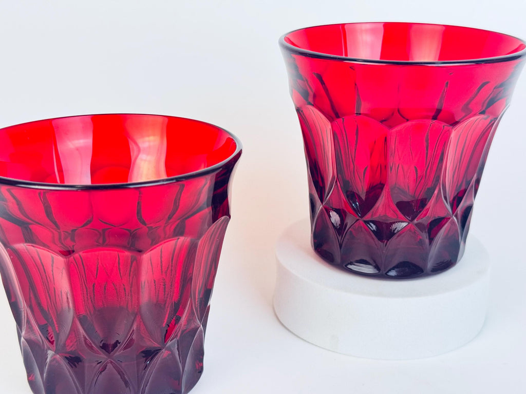 Vintage Ruby Red Heavy Pressed Glasses - Set of Two (2) - 'Perspective' By Noritake - Made In Japan
