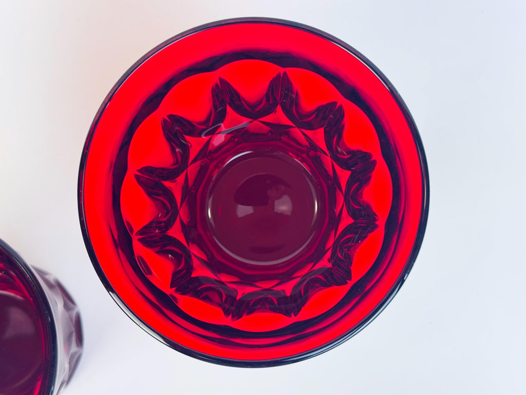 Vintage Ruby Red Heavy Pressed Glasses - Set of Two (2) - 'Perspective' By Noritake - Made In Japan