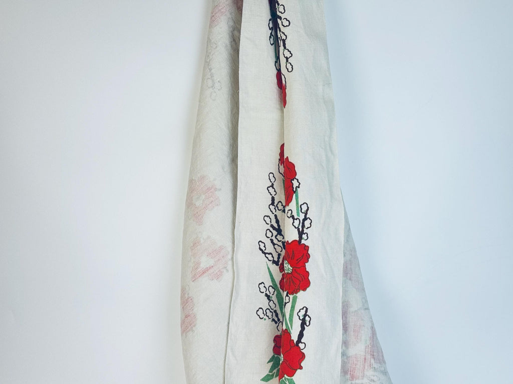 Vintage 1950s Mid-Century Red Floral Linen Square Tablecloth  Vintage Botanical Dining Linen - 34" x 34"