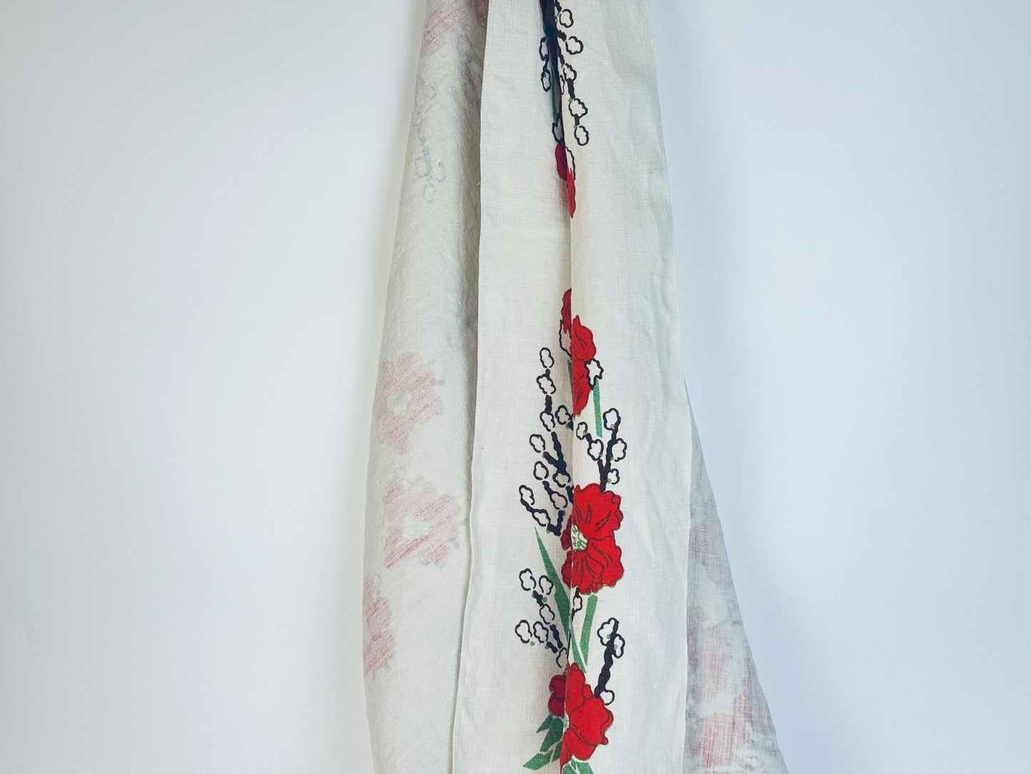 Vintage 1950s Mid-Century Red Floral Linen Square Tablecloth  Vintage Botanical Dining Linen - 34" x 34"