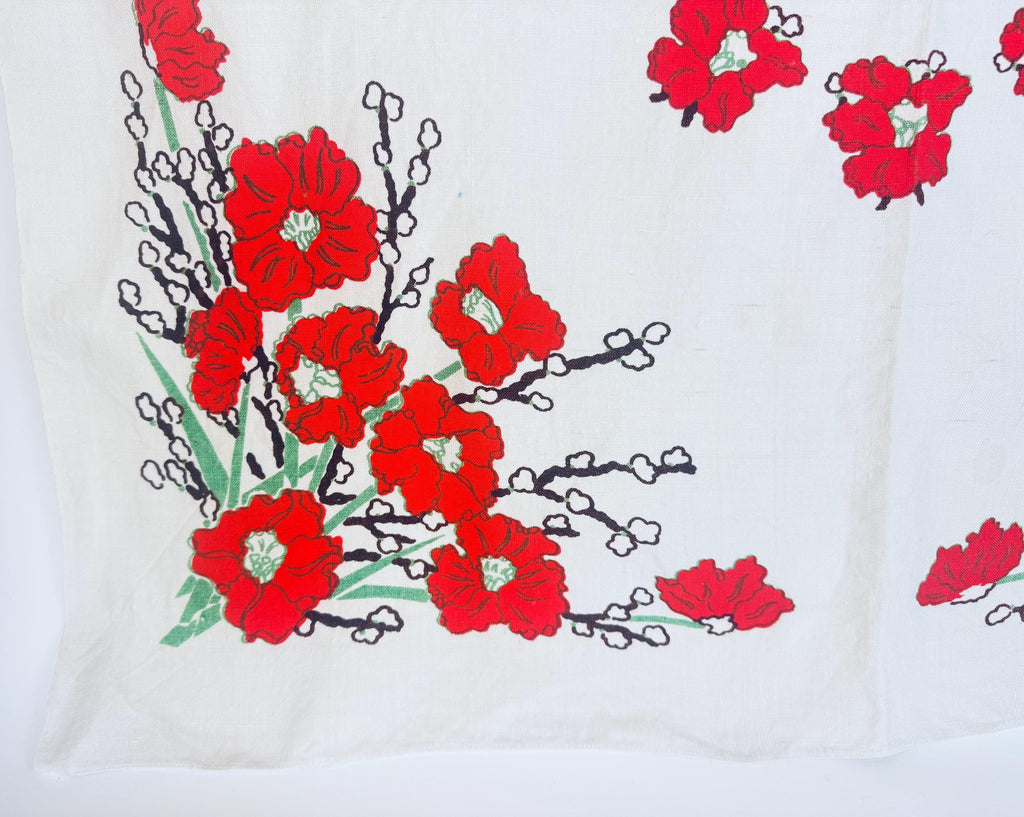 Vintage 1950s Mid-Century Red Floral Linen Square Tablecloth  Vintage Botanical Dining Linen - 34" x 34"