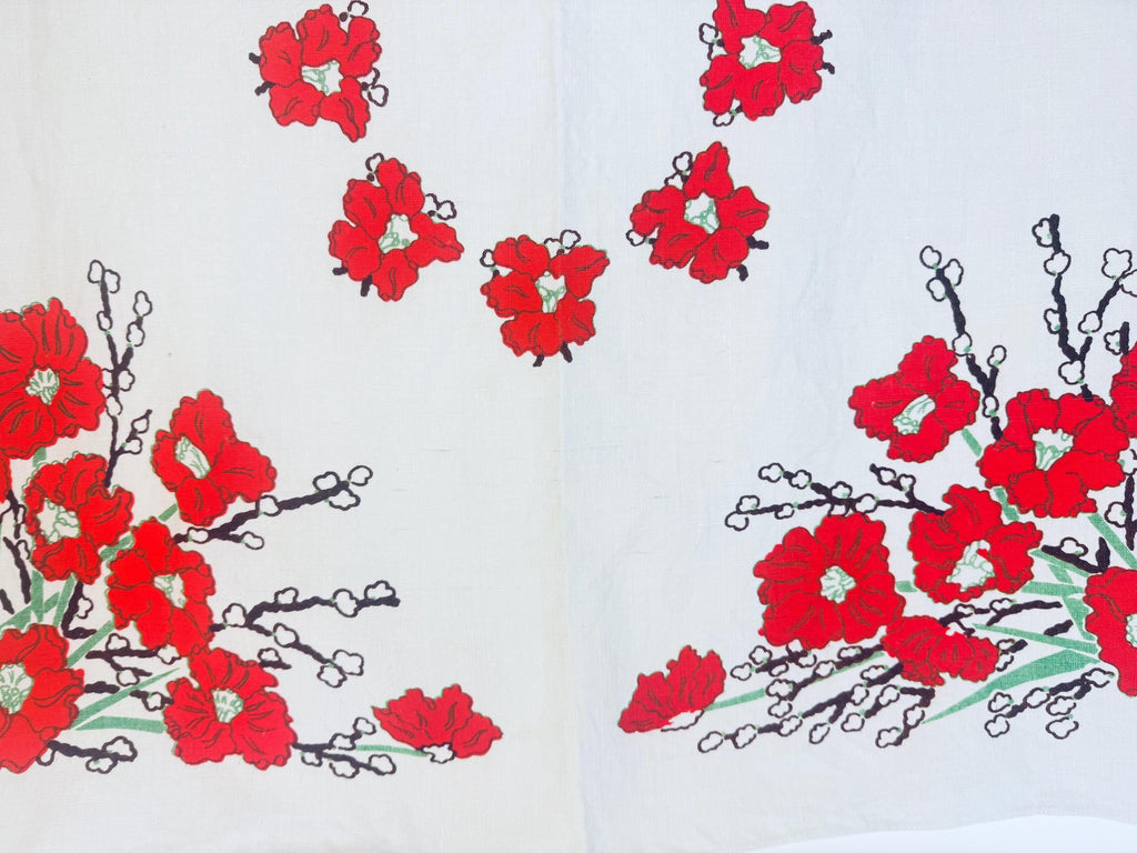 Vintage 1950s Mid-Century Red Floral Linen Square Tablecloth  Vintage Botanical Dining Linen - 34" x 34"