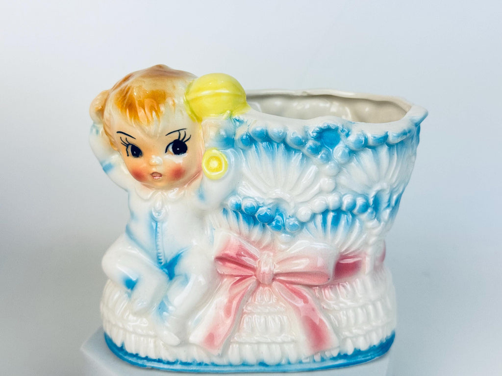 Vintage 1950S Pastel Ceramic Musical Train Planter & Ceramic Shoe Planter — Mid-Century Japan Plant Pot - Baby Nursery Gift