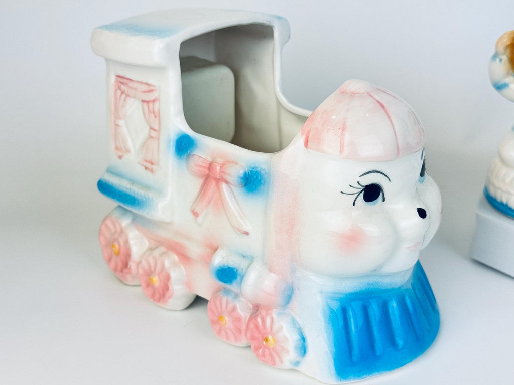 Vintage 1950S Pastel Ceramic Musical Train Planter & Ceramic Shoe Planter — Mid-Century Japan Plant Pot - Baby Nursery Gift