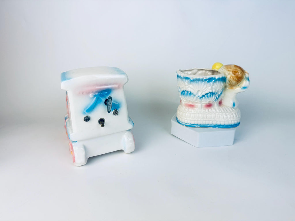 Vintage 1950S Pastel Ceramic Musical Train Planter & Ceramic Shoe Planter — Mid-Century Japan Plant Pot - Baby Nursery Gift