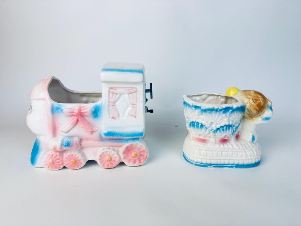 Vintage 1950S Pastel Ceramic Musical Train Planter & Ceramic Shoe Planter — Mid-Century Japan Plant Pot - Baby Nursery Gift