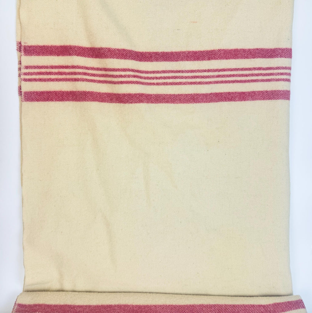 Vintage 'Brandon Wollen Mills' Beige + Pink Striped 'Pure Virgin Natural Wool' Blanket - 64" x 80" (Twin XL) - Made In Canada