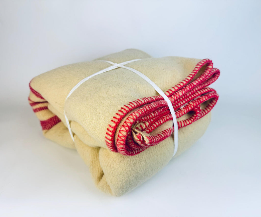 Vintage 'Brandon Wollen Mills' Beige + Pink Striped 'Pure Virgin Natural Wool' Blanket - 64" x 80" (Twin XL) - Made In Canada