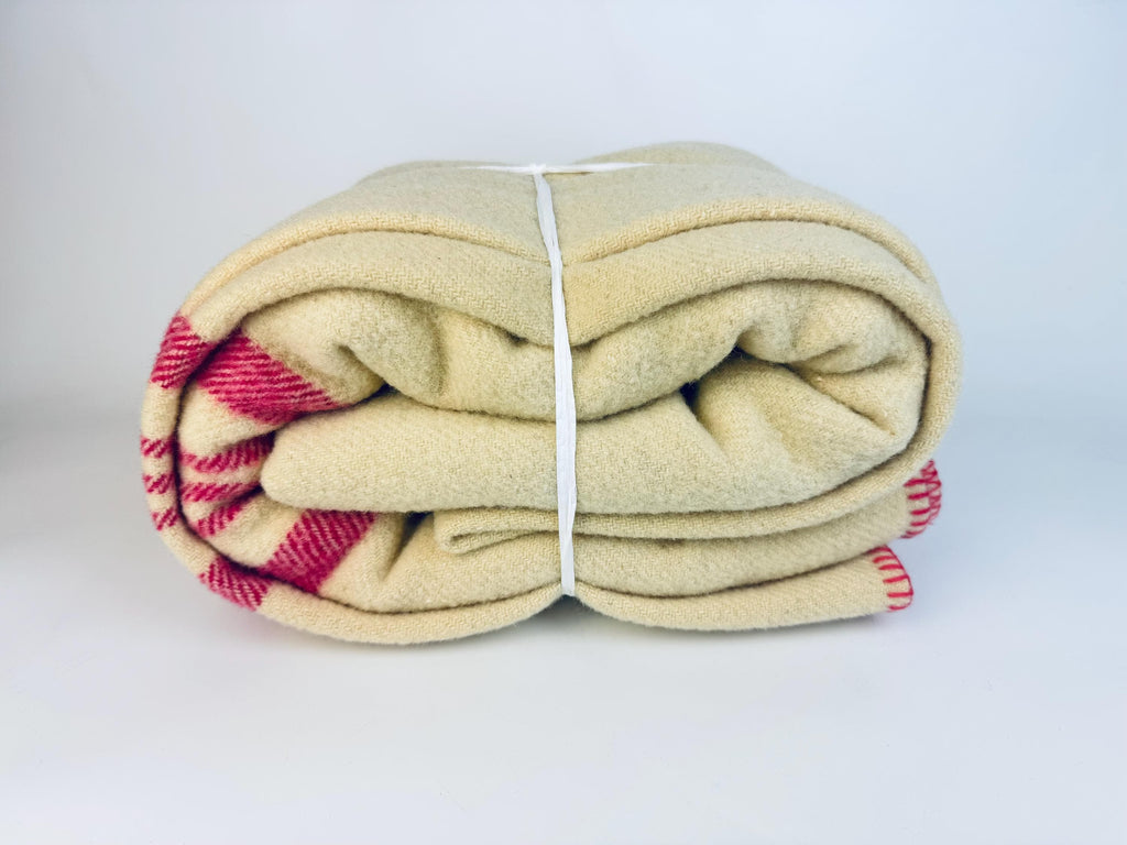 Vintage 'Brandon Wollen Mills' Beige + Pink Striped 'Pure Virgin Natural Wool' Blanket - 64" x 80" (Twin XL) - Made In Canada