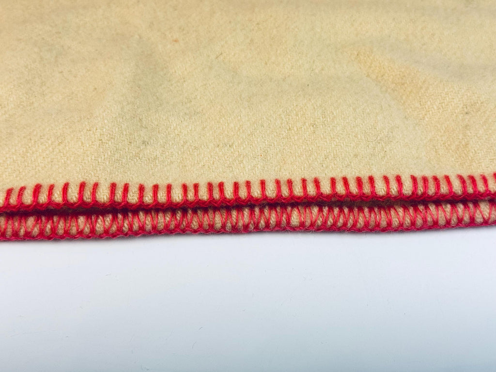 Vintage 'Brandon Wollen Mills' Beige + Pink Striped 'Pure Virgin Natural Wool' Blanket - 64" x 80" (Twin XL) - Made In Canada