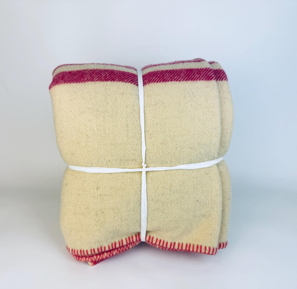 Vintage 'Brandon Wollen Mills' Beige + Pink Striped 'Pure Virgin Natural Wool' Blanket - 64" x 80" (Twin XL) - Made In Canada