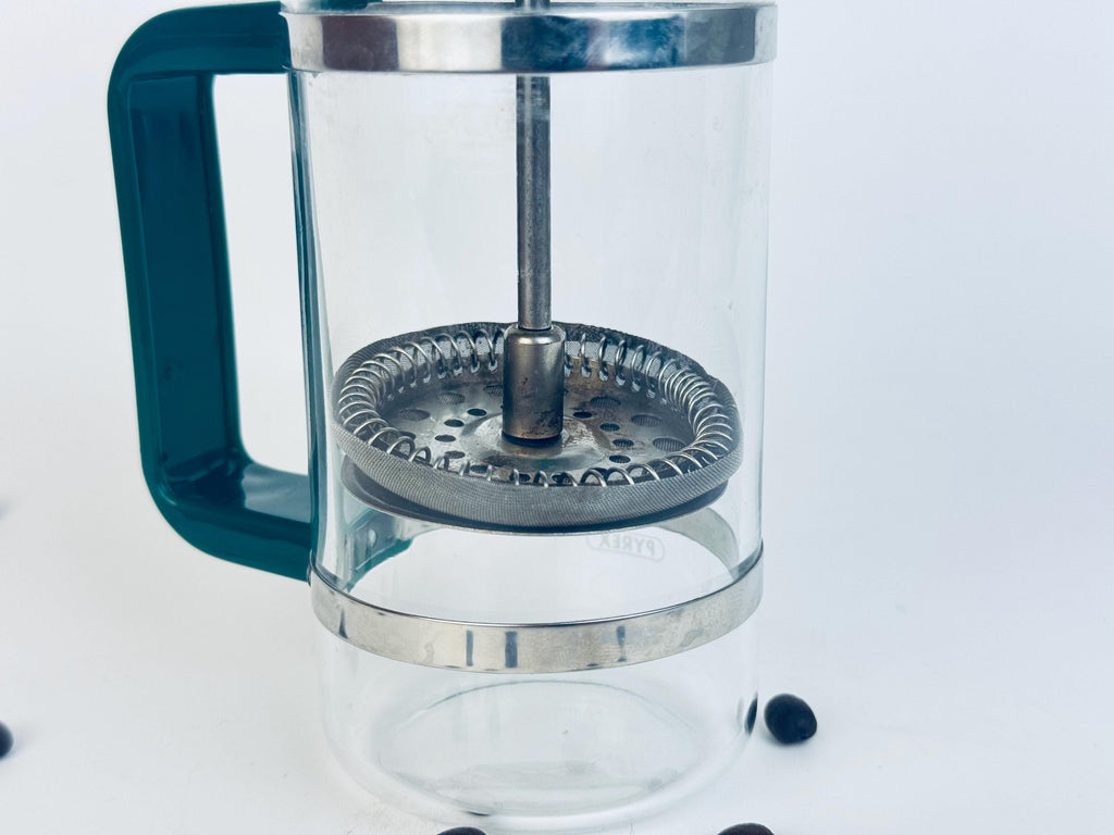 Vintage 1980s Forest Green 'PYREX' Glass French Press Coffee Maker with Stainless Bands  Retro Cafetiere