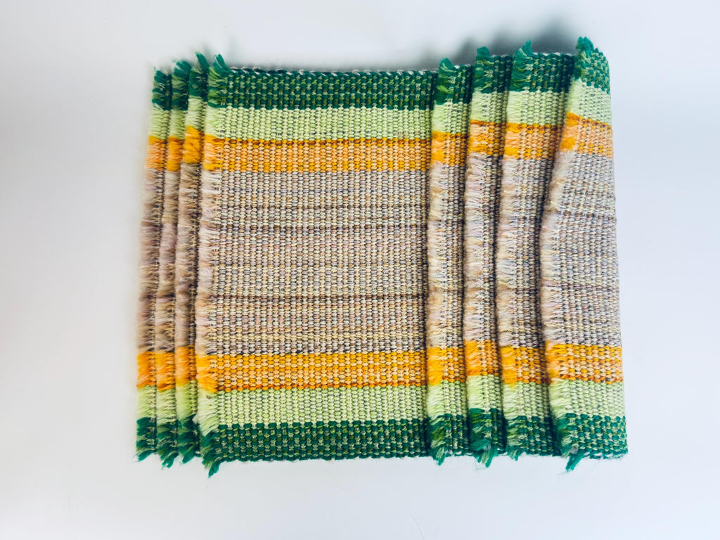 Vintage 1970s Woven Green & Gold Acrylic Fringe Placemats  Set of 4 Rectangular Retro Table Mats