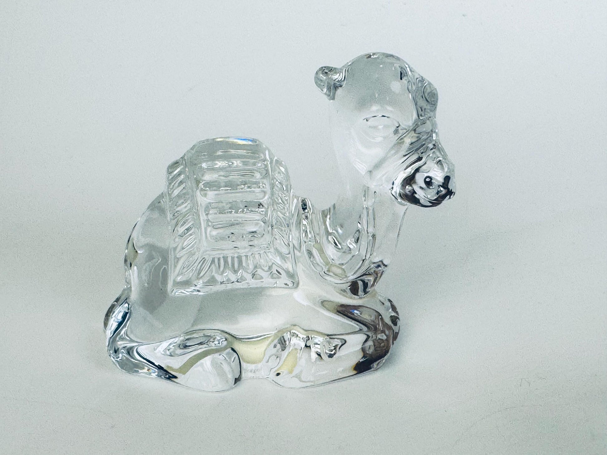 Clear crystal camel figurine from the Marquis by Waterford nativity set, detailed cut surface, made in Germany.