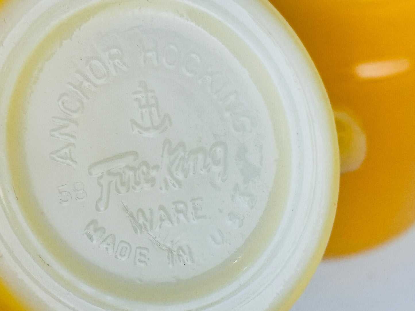 Close-up of the bottom of the mug - ANCHOR HOCKING FIRE-KING WARE - Made In USA