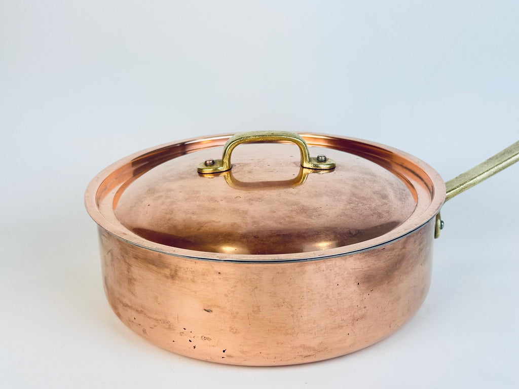 Vintage Tagus Elite Copper Sauté Pan with Lid  9 Tin Lined Brass Handle Cookware  Made in Portugal