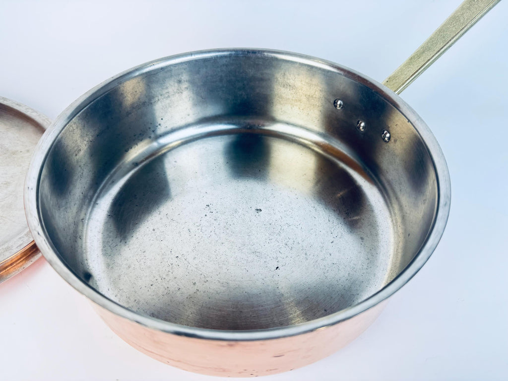 Vintage Tagus Elite Copper Sauté Pan with Lid  9 Tin Lined Brass Handle Cookware  Made in Portugal