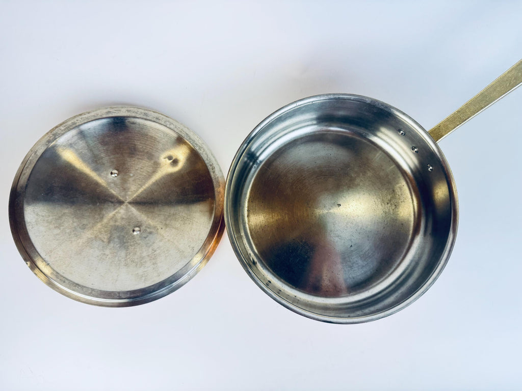 Vintage Tagus Elite Copper Sauté Pan with Lid  9 Tin Lined Brass Handle Cookware  Made in Portugal