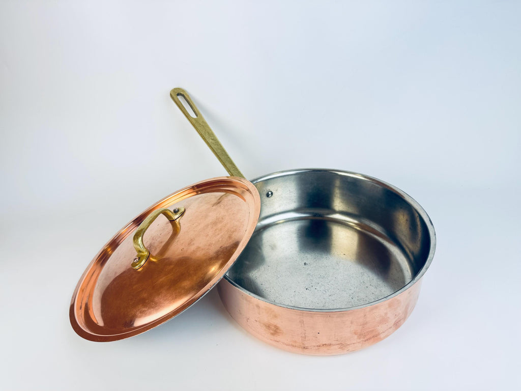 Vintage Tagus Elite Copper Sauté Pan with Lid  9 Tin Lined Brass Handle Cookware  Made in Portugal