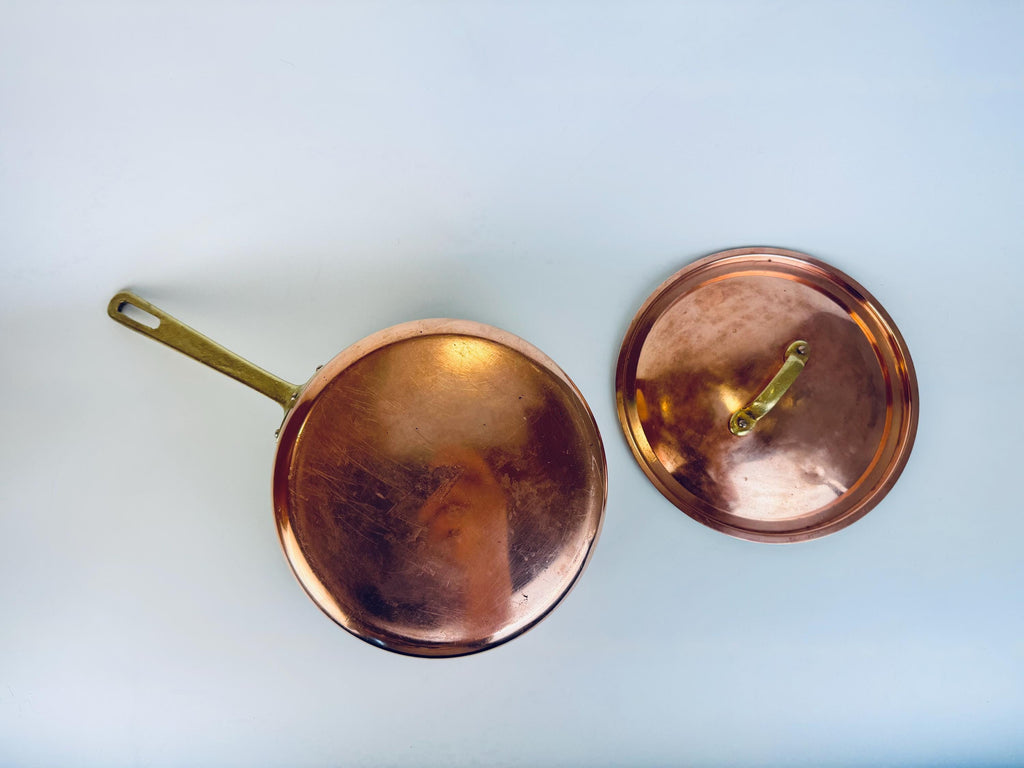 Vintage Tagus Elite Copper Sauté Pan with Lid  9 Tin Lined Brass Handle Cookware  Made in Portugal