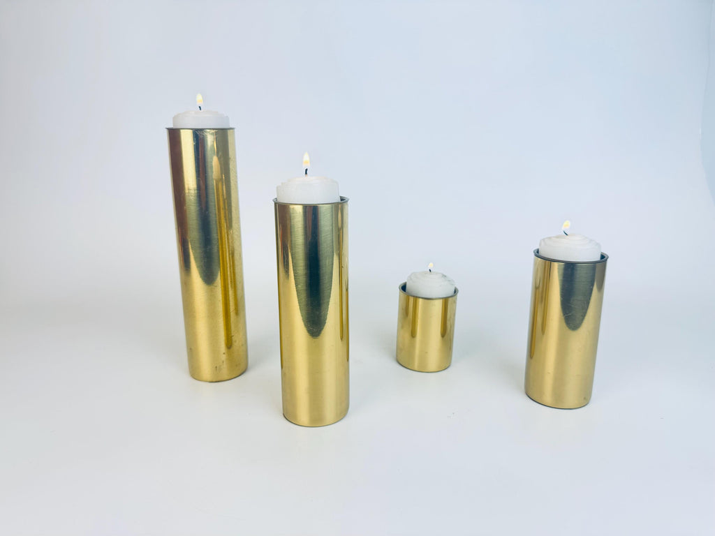 Vintage Sleek Brass Cylinder Candle Holders  1970s Gold Tone Architectural Accent - Made In Portugal