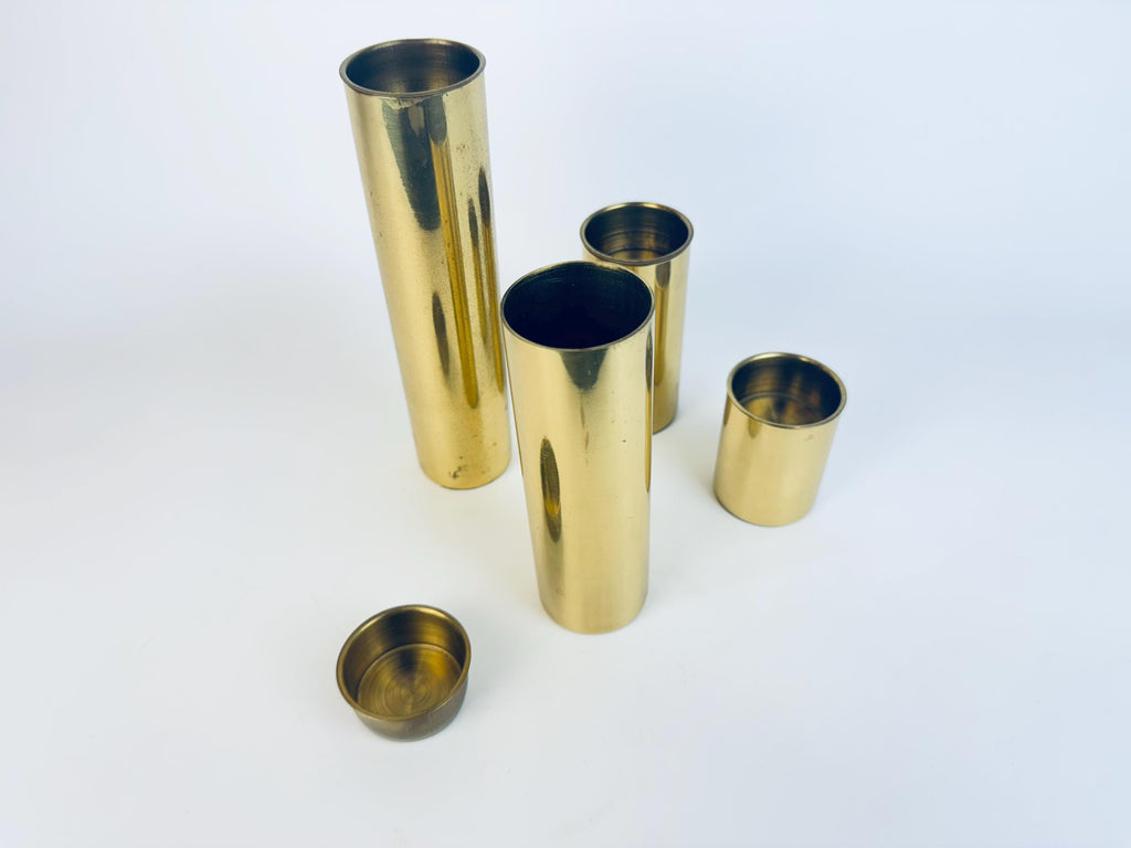 Vintage Sleek Brass Cylinder Candle Holders  1970s Gold Tone Architectural Accent - Made In Portugal