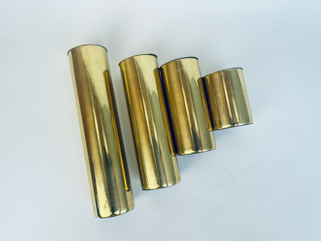 Vintage Sleek Brass Cylinder Candle Holders  1970s Gold Tone Architectural Accent - Made In Portugal