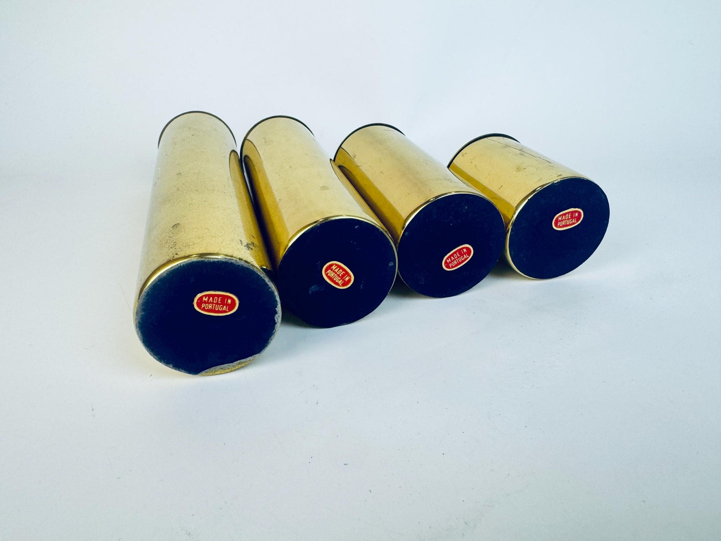 Vintage Sleek Brass Cylinder Candle Holders  1970s Gold Tone Architectural Accent - Made In Portugal