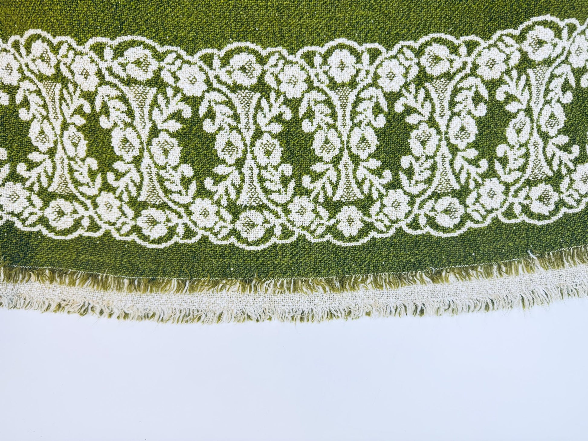 Decorative lace trim with floral patterns on a green fabric background