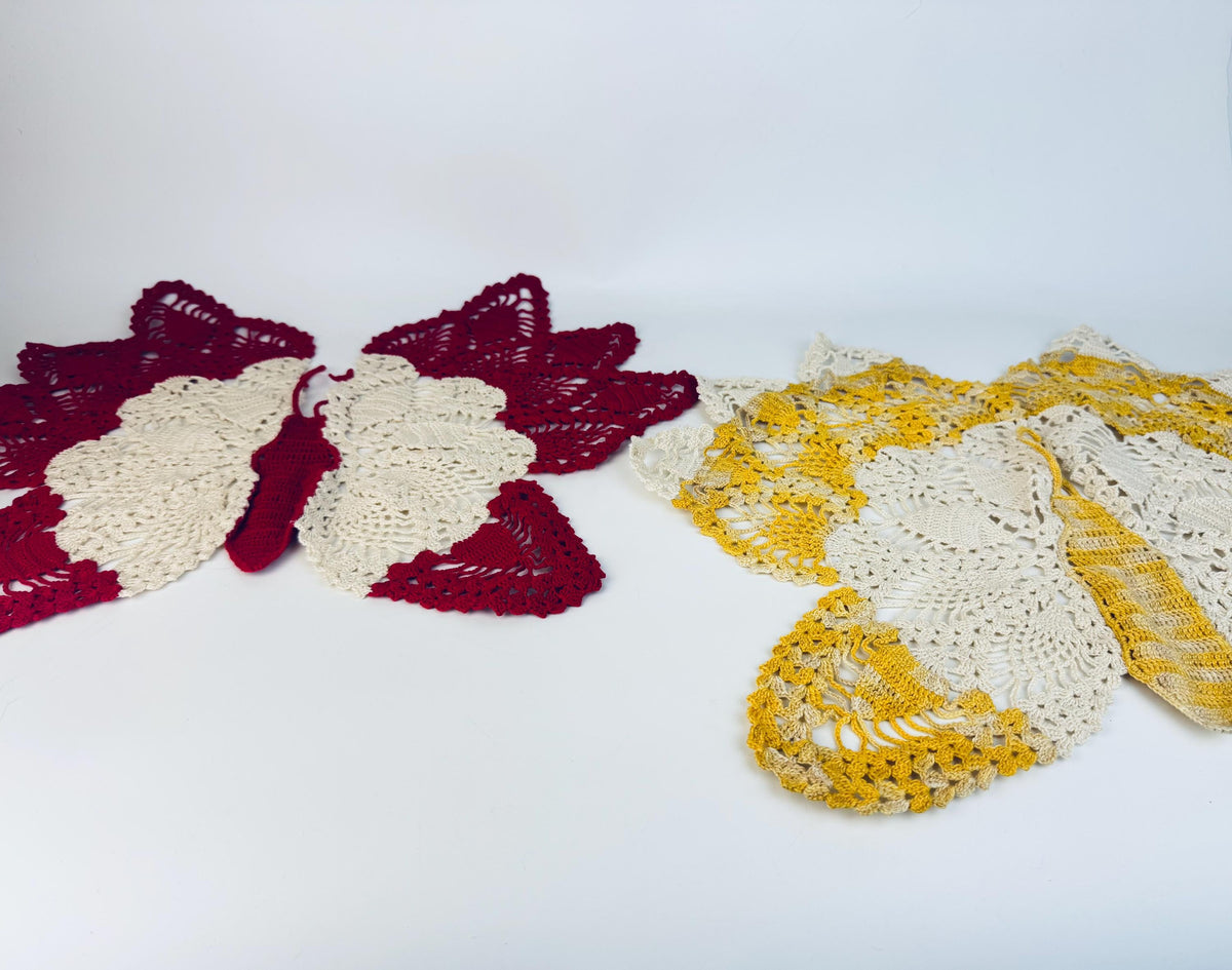 Overhead view of both doilies with lace wings and contrasting centres