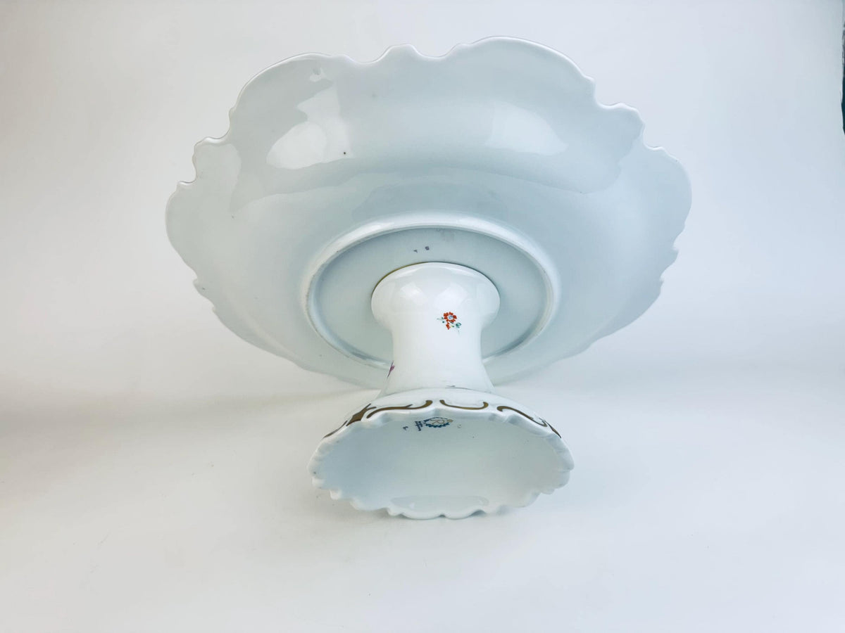 Vintage Reichenbach Fine China Cake Stand  White & Gold Floral 1970s Porcelain Pedestal  Made In Germany