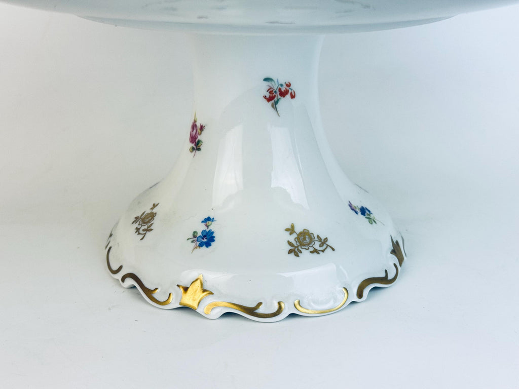 Vintage Reichenbach Fine China Cake Stand  White & Gold Floral 1970s Porcelain Pedestal  Made In Germany