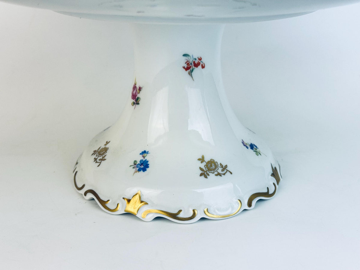 Vintage Reichenbach Fine China Cake Stand  White & Gold Floral 1970s Porcelain Pedestal  Made In Germany