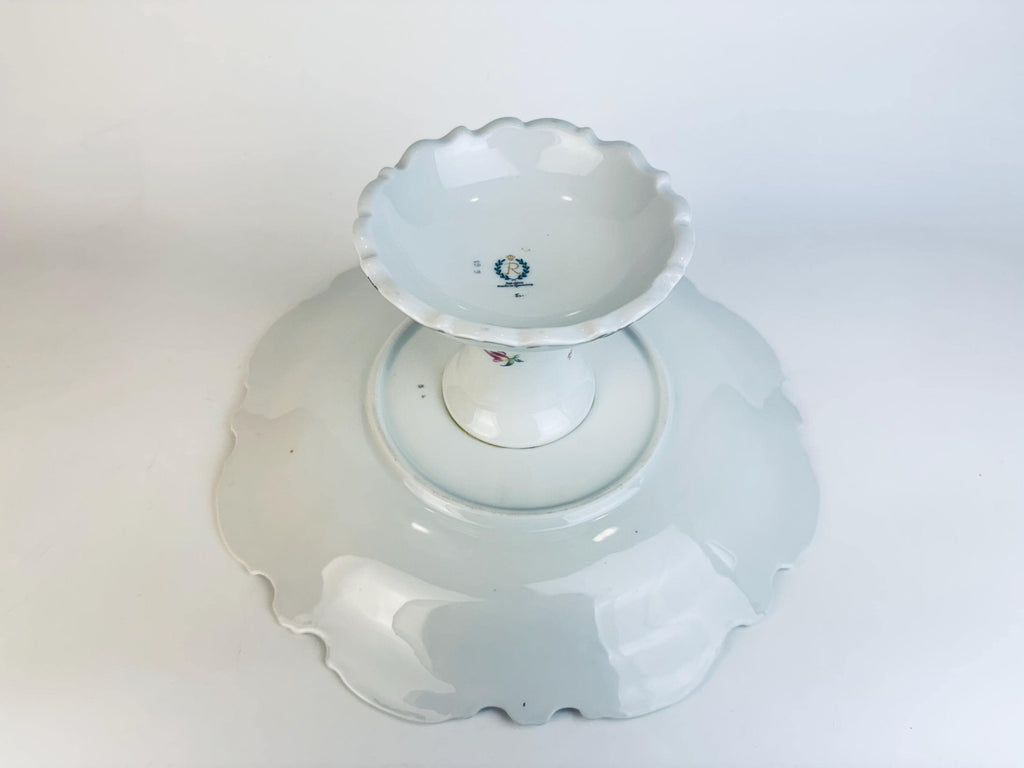 Vintage Reichenbach Fine China Cake Stand  White & Gold Floral 1970s Porcelain Pedestal  Made In Germany