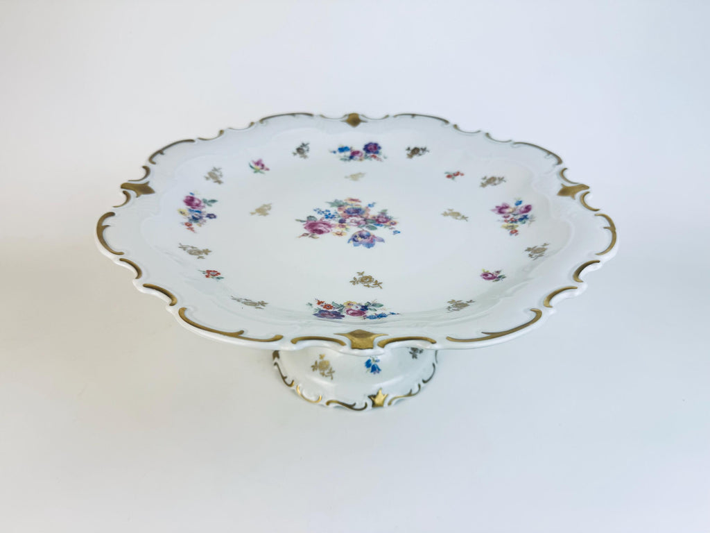 Vintage Reichenbach Fine China Cake Stand  White & Gold Floral 1970s Porcelain Pedestal  Made In Germany