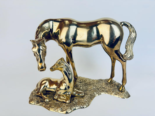 Vintage Mid-Century Korean Solid Brass Mare & Foal Sculpture - 1970s Animal Décor - Solid Brass Figurine