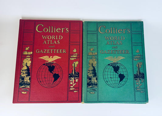 Two 'Collier's World Atlas and Gazetteer' books, one red and one green, on a white background.